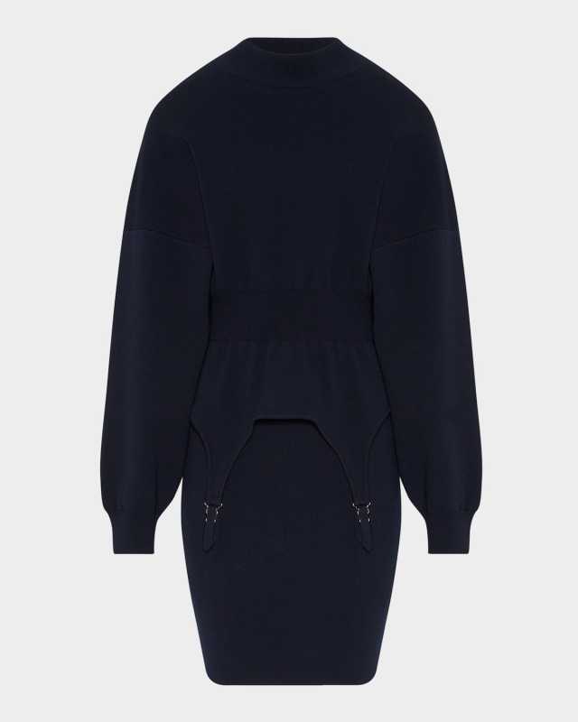 Mock-Neck Rib Harness Peplum Midi Sweater Dress